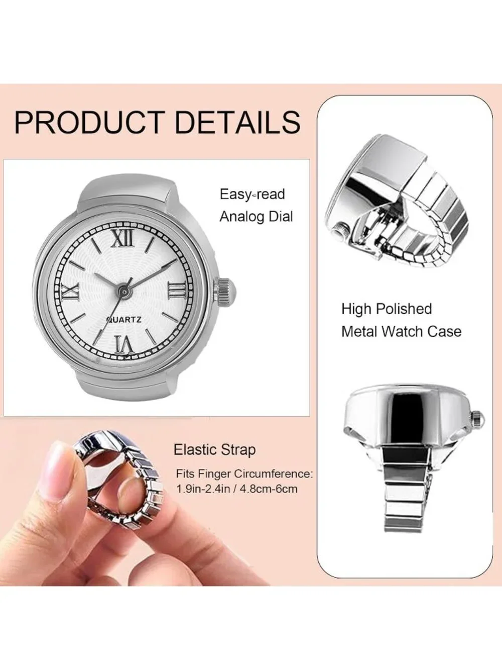 Women's Silver Quartz Stretchy Band Elastic Round Simple Dial Finger Ring Watch